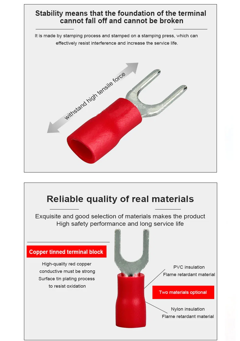 SVN Nylon insulated spade terminals, Continuous spade copper cord end terminal, bolt splice terminal, Spade Terminal, Svn Spade Terminal, Copper Terminal Bolt Nylonowe zaciski spade SVN Nylon, ciągły końcówka miedzianego przewodu łopatowego, zacisk bolt splice, zacisk Spade, zacisk Svn Spade, Śruba miedziana