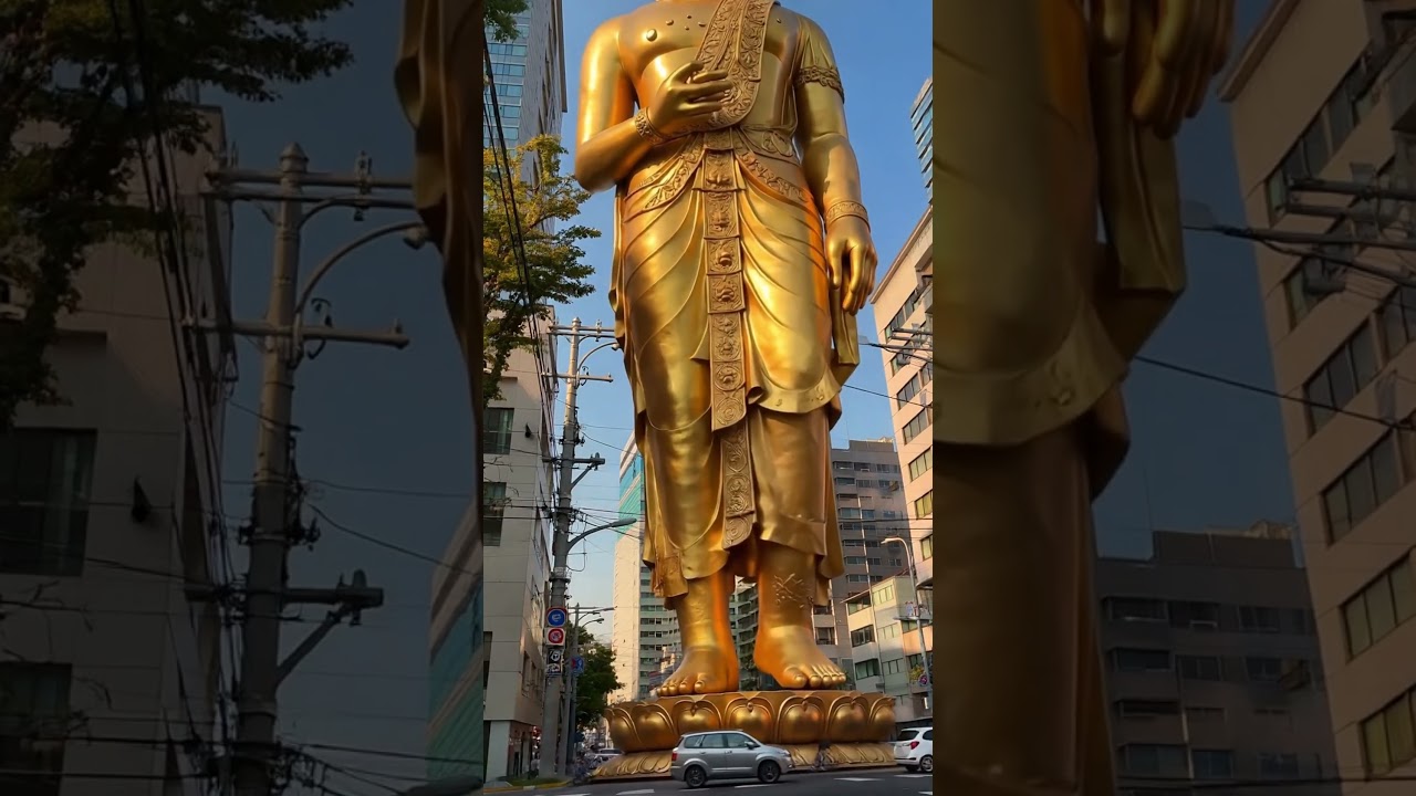 Złoty Budda kroczy po tętniących życiem ulicach miasta – symbol spokoju i uważności #Budda